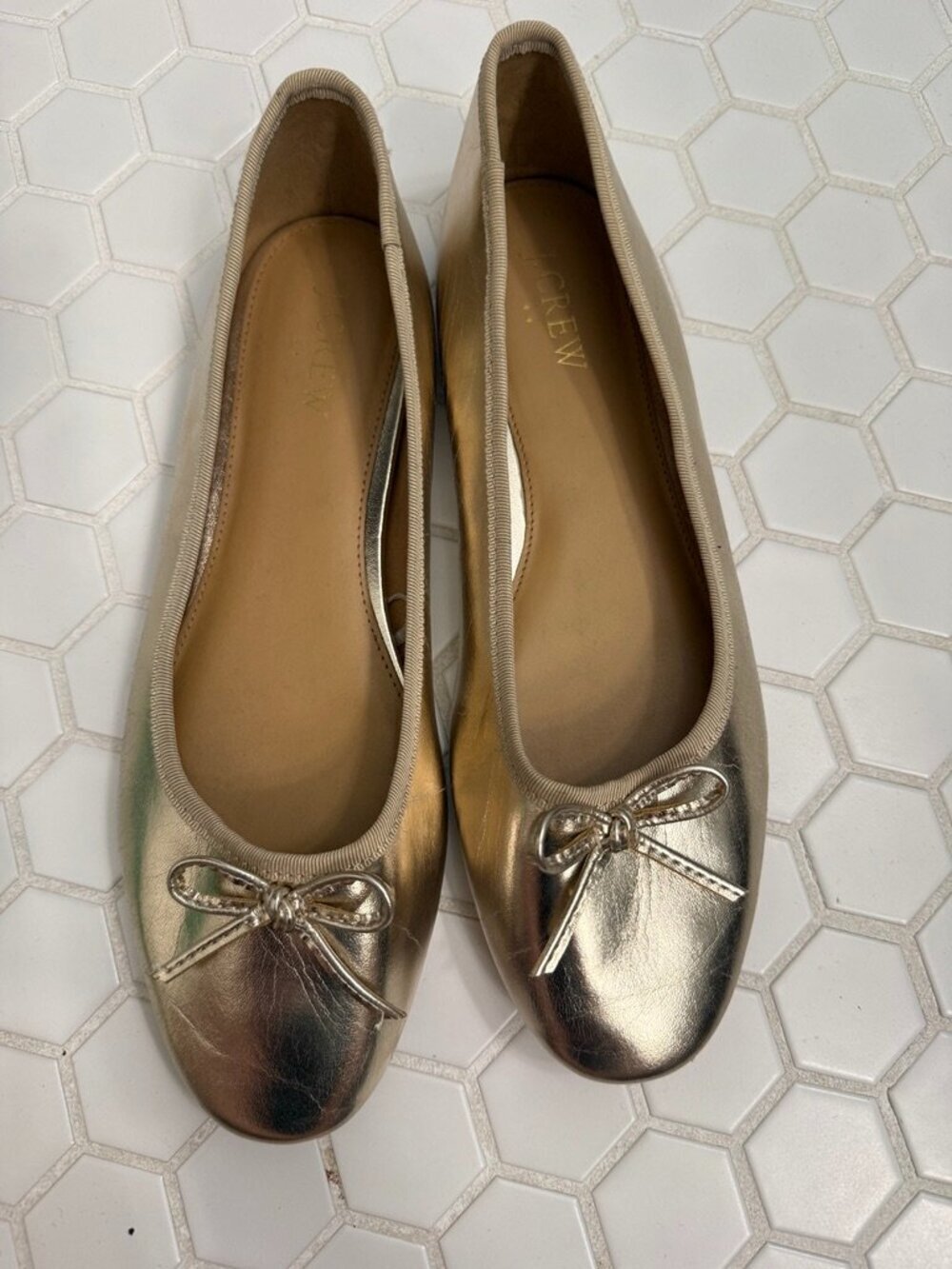 J.Crew Gold Metallic Ballet Flats Women's Size 8 Leather Bow Slip On